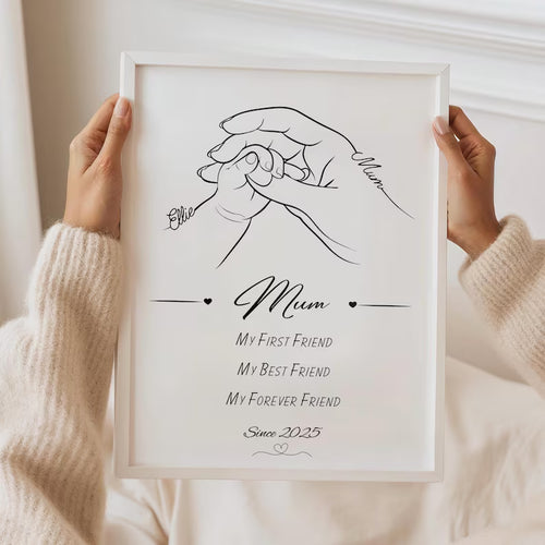 Custom Mum and Baby Line Art Print, Personalised Mother's Day Gift, Mum First Best Friend Quote, New Mummy Birthday Gift, Baby Hand Decor