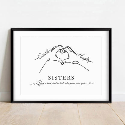 Sisters Custom Gift Print, Heart Hands Wall Art, Family Portrait Gift, Siblings Keepsake, Minimalist Style Sister Gift, Gift for Big Sister