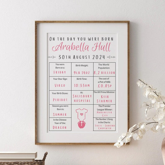 Personalised Baby Birth Stats Print, Custom On The Day You Were Born Poster, Newborn Gift, Nursery Wall Art, Baby Keepsake Print, Birth Date