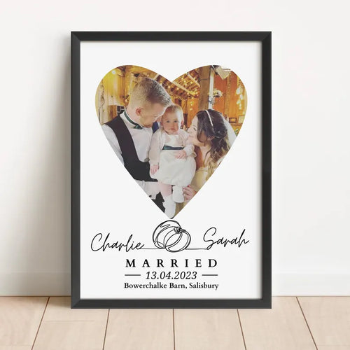 Personalised Wedding Photo Gift, Custom Heart Picture Frame, Married Name Date Venue Gift Print, Couple Wall Art, First Anniversary Keepsake