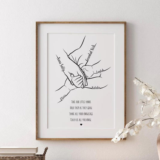 Grandma and Grandad Gift, 1 to 4 Child Hands, Minimalist Line Art, Personalised Nana and Papa Framed Gift, Present for Grandpa and Grandma