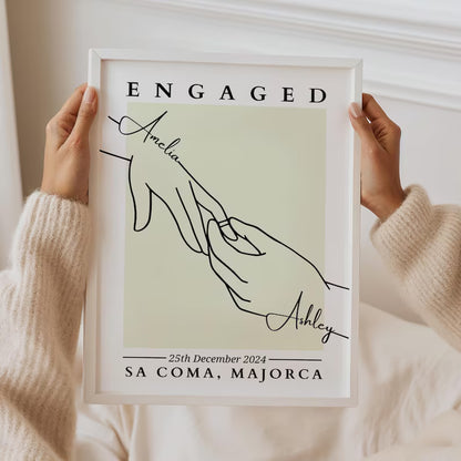 Custom Engagement Line Art Print, Minimalist Couple Gift, Congratulations Engagement Gift for Fiancé, Personalised Engagement Party Gift