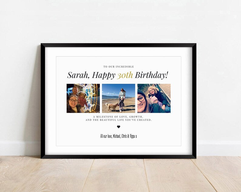 30th Birthday Custom Photo Gift, Milestone Birthday Print, Personalised Gift for 30th Birthday, Birthday Gift Frame for Son Daughter Friend