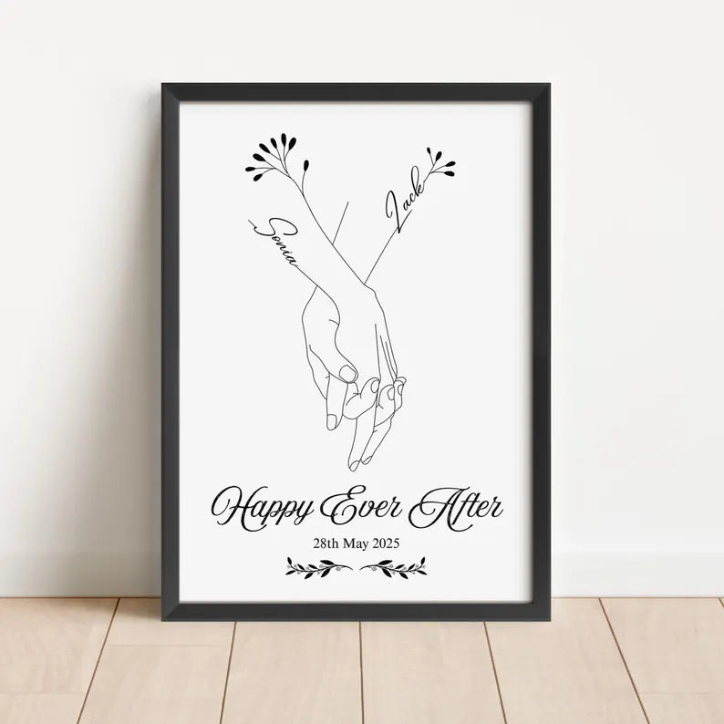 Personalised Wedding Print, Holding Hands Line Art, Custom Couple Names, Minimalist Wall Art, Anniversary Gift for Her, Engagement Gift Art