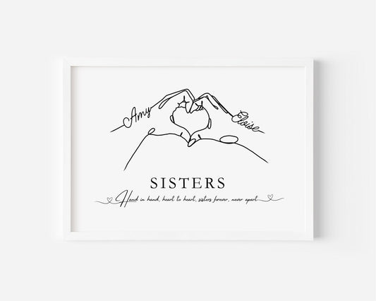 Sisters Custom Gift Print, Heart Hands Wall Art, Family Portrait Gift, Siblings Keepsake, Minimalist Style Sister Gift, Gift for Big Sister