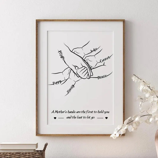Personalised Mother Hands Print, 1 to 5 Child Hands, Mum Birthday Gift for Her from Son Daughter, Minimalist Line Art, Mummy Family Quote