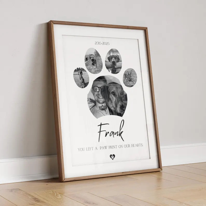 Custom Dog Memorial Photo Collage Print, Pet Loss Gift, Rainbow Bridge Tribute, Personalised Dog Paw Print Poster, Pet Remembrance Gift