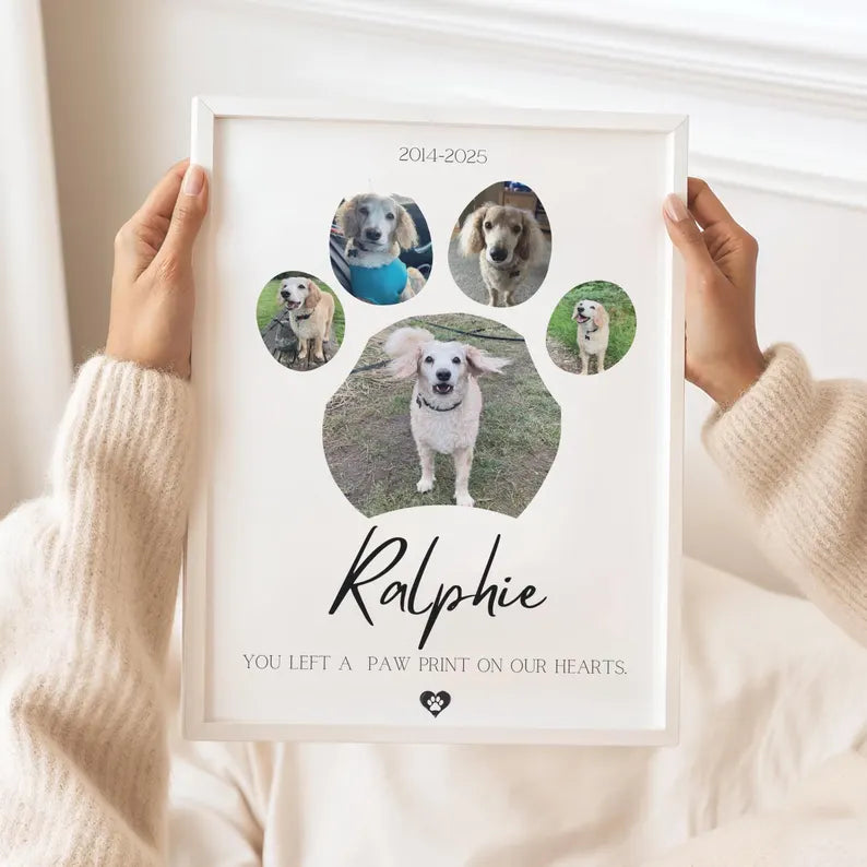 Custom Dog Memorial Photo Collage Print, Pet Loss Gift, Rainbow Bridge Tribute, Personalised Dog Paw Print Poster, Pet Remembrance Gift