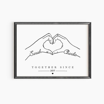Custom Couple Line Art Print, Personalised Hands Forming Heart, Names and Date Print, Minimalist Anniversary Gift, Valentines Day Gift Print