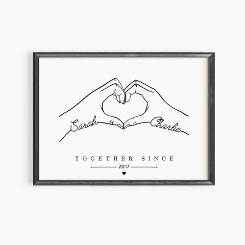 Custom Couple Line Art Print, Personalised Hands Forming Heart, Names and Date Print, Minimalist Anniversary Gift, Valentines Day Gift Print