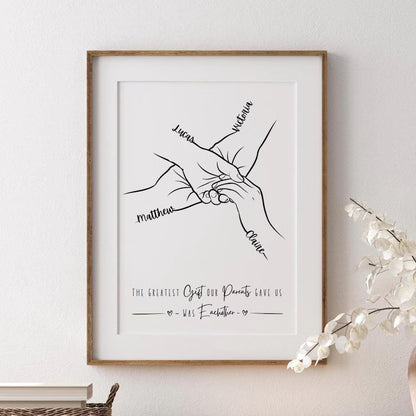 Personalised Siblings Print, 1 to 4 Adult Hands, Minimalist Line Art, Sister Birthday Gift, Brother and Sister Poster, Family Framed Present