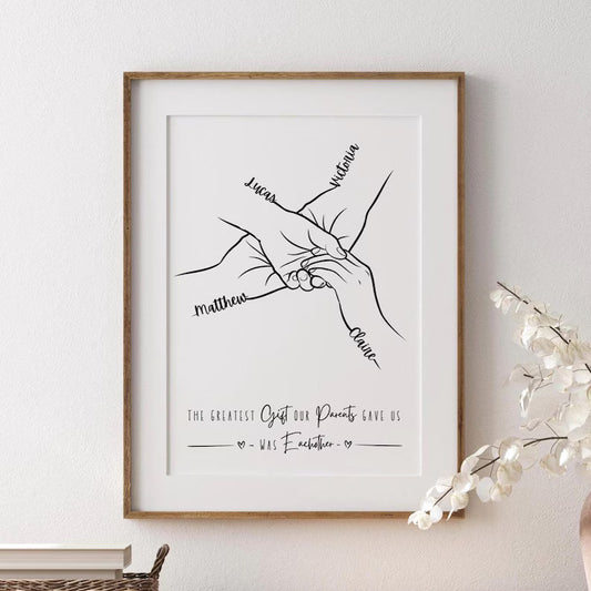 Personalised Siblings Print, 1 to 4 Adult Hands, Minimalist Line Art, Sister Birthday Gift, Brother and Sister Poster, Family Framed Present
