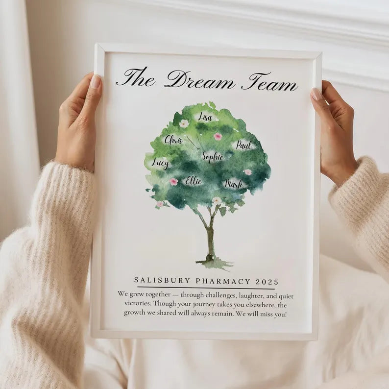 Personalised Work Leaver Tree, Retirement Gift, Custom Names, Dream Team Print, Colleague Promotion Gift, Office Farewell, Watercolour Print