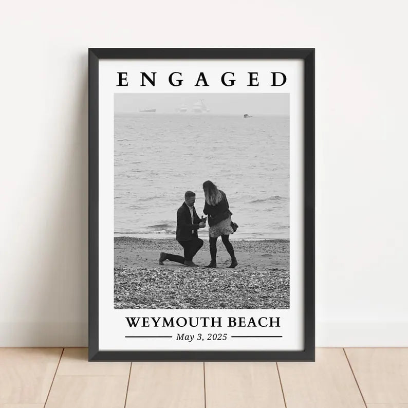 Custom Engagement Photo Print, Personalised Engagement Gift with Location & Date, Engaged Gift for Couple, Anniversary Present for Fiance