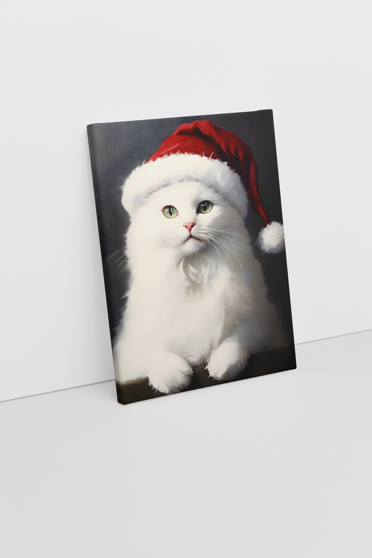 White Cat with Santa Hat Canvas Art - Festive Christmas Cat Portrait Wall Art