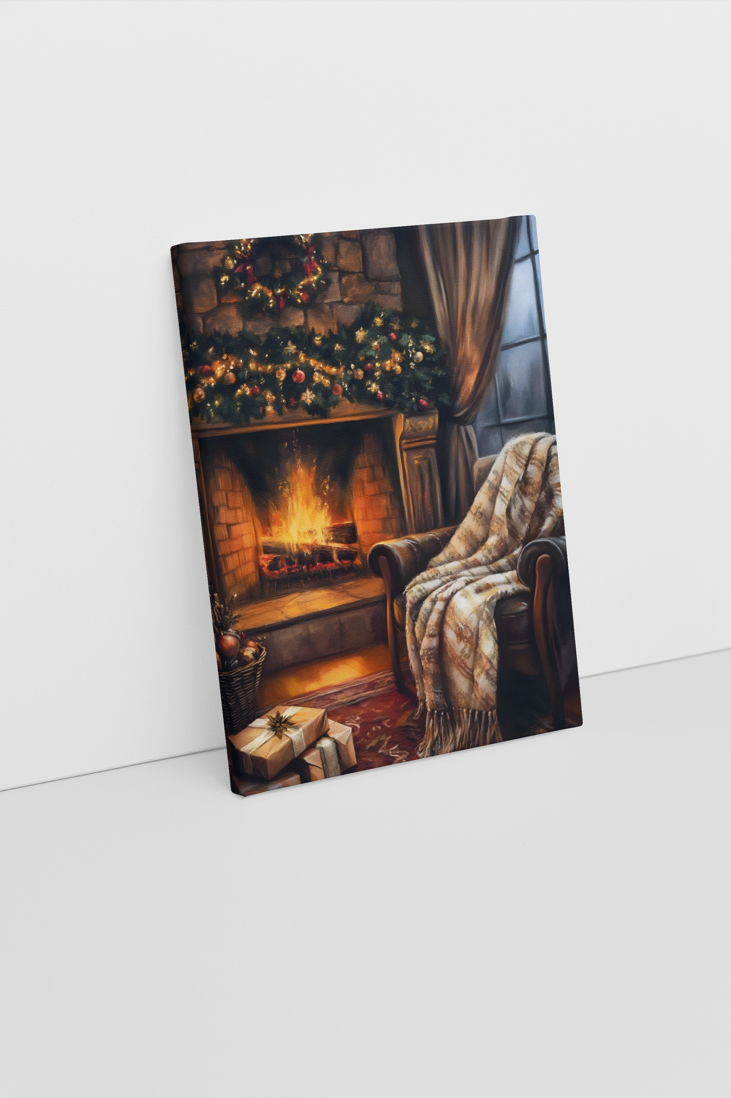 Christmas Fireplace Scene Canvas Art - Cozy Fireplace with Hanging Stockings Decor