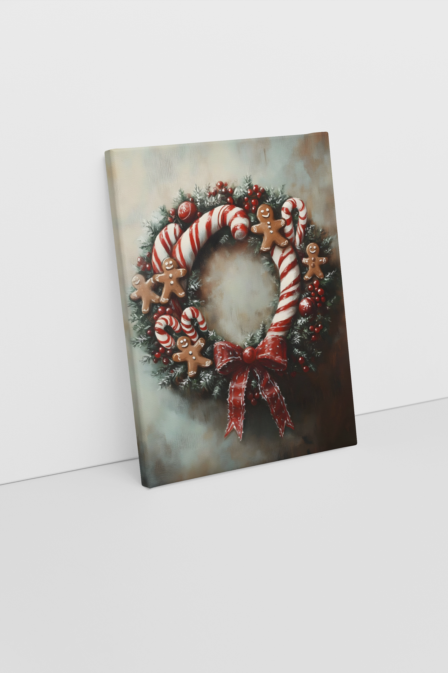 Candy Cane & Gingerbread Wreath Canvas Art - Christmas Gingerbread Man Holiday Wreath
