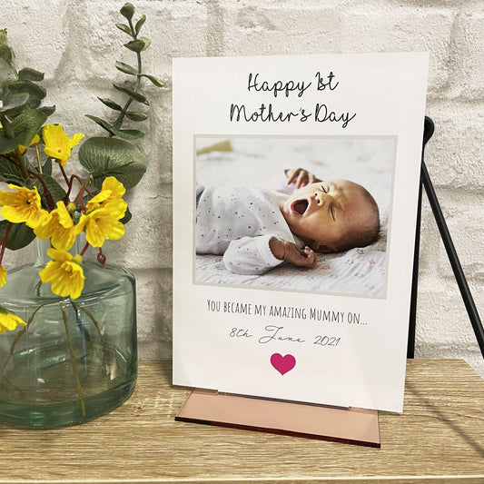 Personalised 1st Mother's Day Acrylic Plaque with a Mirrored or Wooden Stand