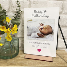 Load image into Gallery viewer, Personalised 1st Mother&#39;s Day Acrylic Plaque with a Mirrored or Wooden Stand
