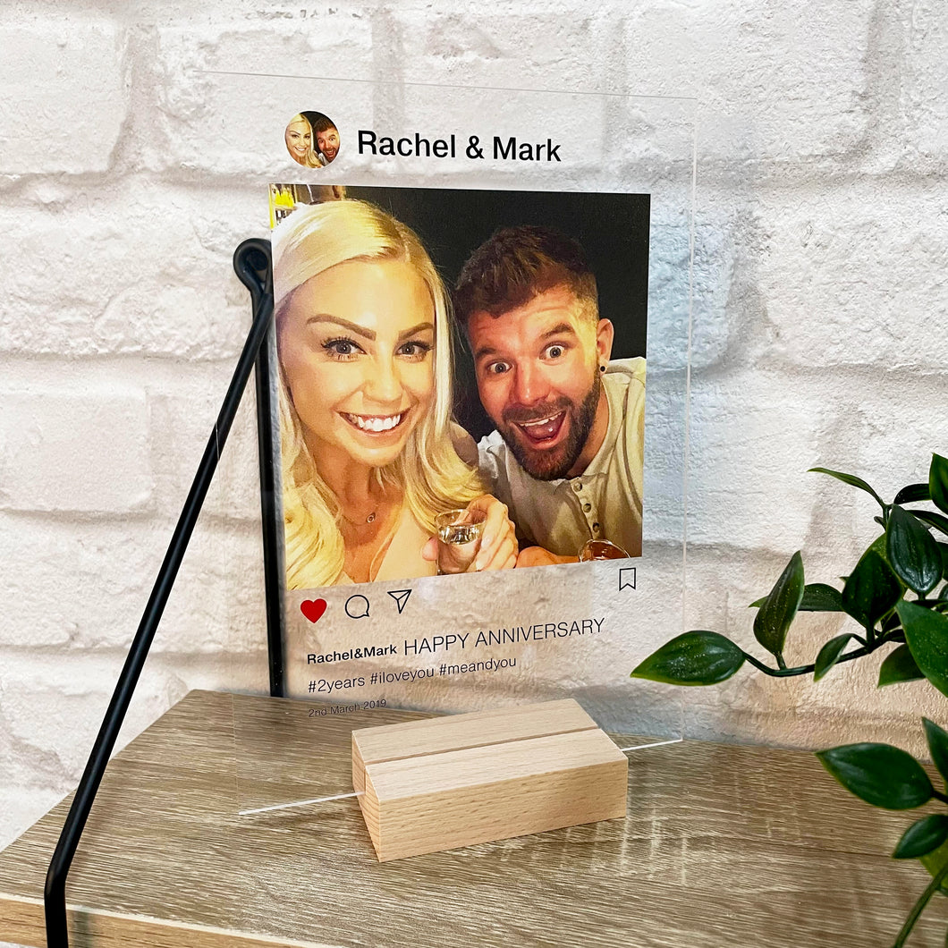 Personalised Insta Acrylic Plaque with a Mirrored or Wooden Stand