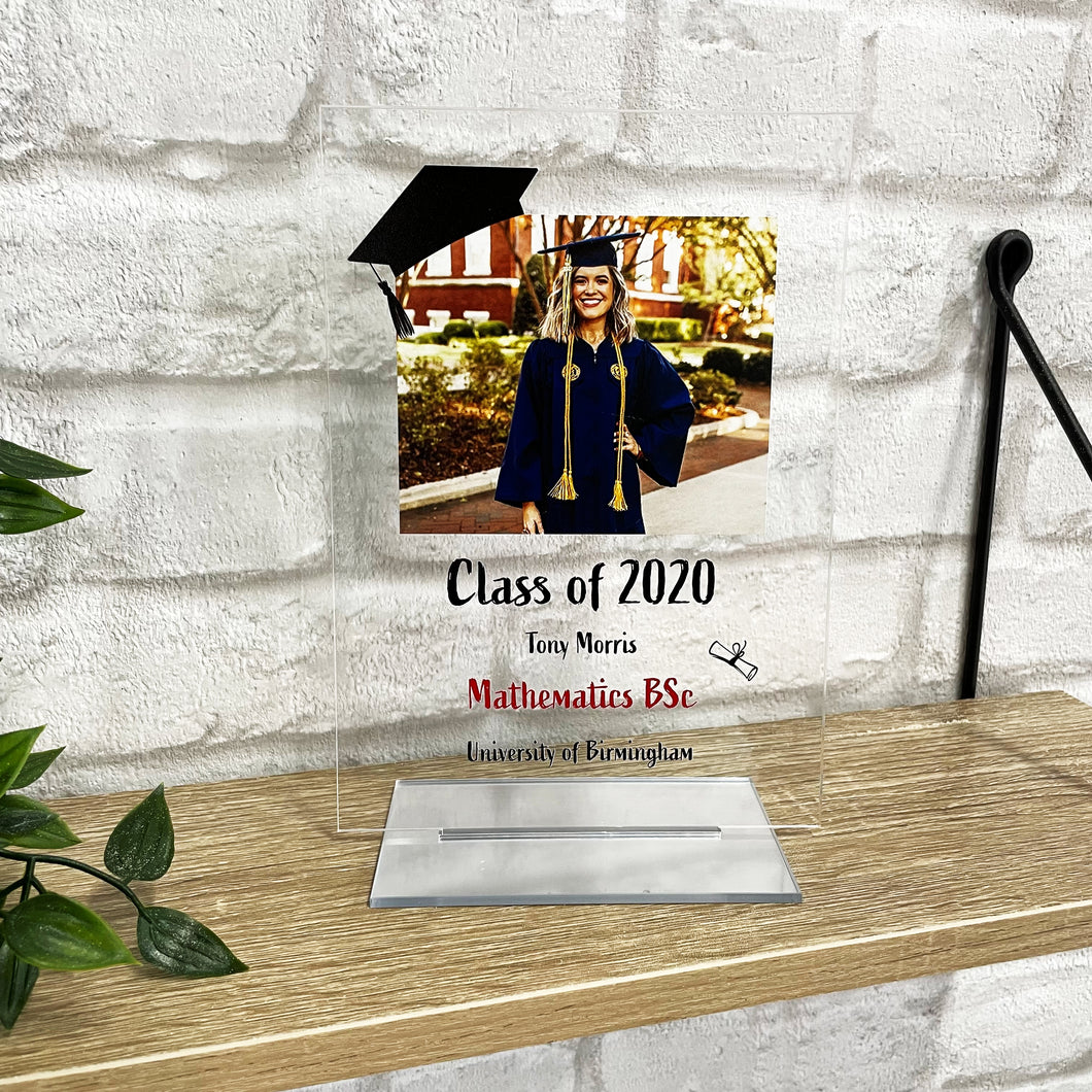 Personalised Graduation Photo Acrylic Plaque with a Mirrored or Wooden Stand